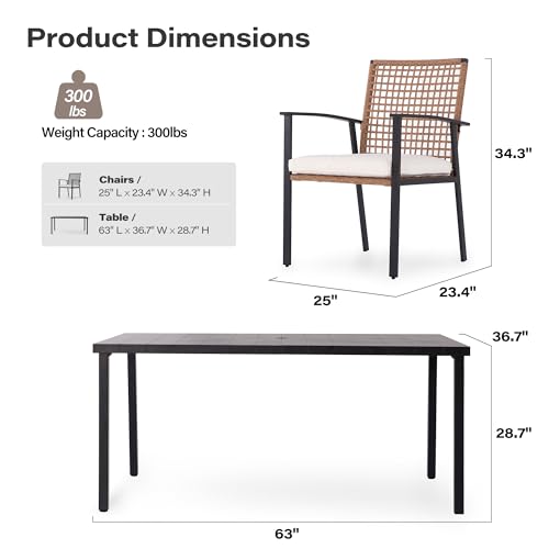 LAUSAINT HOME 7 Pieces Patio Dining Set, Outdoor Furniture Set of 6 Chairs with Soft Cushion and Iron Slats Table Top with Umbrella Hole, Conversation Set for Backyard, Garden and Poolside - color: Pe Rattan Black Standard Chairs, size: 7-Piece