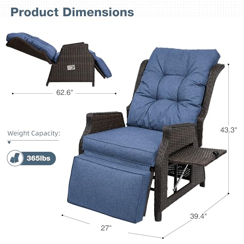 Outdoor Indoor Wicker Recliner with Adjustable Back and Footrest, Patio Reclining Chair with Flip-up Table, Outdoor Rattan Lounge Chair, Navy 2PCS - color: Navy, size: 2pcs