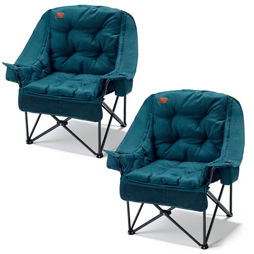 EVER ADVANCED 2 Set Camping Chair with Detachable Cushion, Mesh Chair for Adults Foldable, Oversized Heavy Duty Folding Chair with Cooler Mesh Pocket Cupholder Outdoor Fishing, Supports 400LBS Green - color: Green, size: 2 P