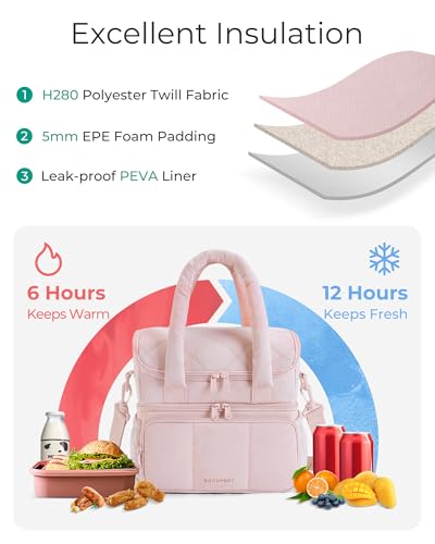 BAGSMART Lunch Bag Women, Double Deck Insulated Lunch Box, Quilted Puffer Lunch Tote, Leakproof, Durable & Reusable Large Lunch Cooler For Work Picnic Travel Meal Prep, Black - color: Black, size: Large(double deck)