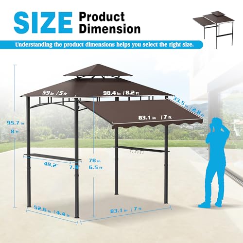 TITIMO 8'x 8' x 7.8' Double Tiered Grill Gazebo with Side Awning,Outdoor Patio BBQ Pergola, Heavy-Duty Metal Frame Canopy Tent with Side Shelves,Hooks,Bottle Opener for Lawn Deck and Garden (Brown) - color: Brown
