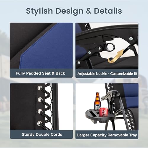 PHI VILLA Zero Gravity Chair Set of 2, Padded Anti Gravity Recliner, Oversized 28" Wide Seat, Foldable Patio Lounger with Armrest & Cup Holder, Supports 400 LBS (Blue Black) - color: Blue