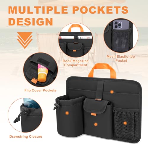 Beach Chair Cup Holders, Arm Organizer for Camping with 2 Self-Adhesive Fastener Strap, Hanging Bag Insulation with 4 Pockets, Camp Chair Accessories for Water Bottle, Magazine, Black, Patent Design - size: M