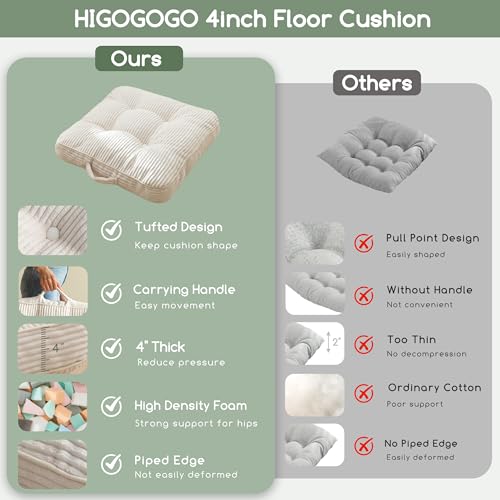 HIGOGOGO Floor Pillow Cushion for Adults, Meditation Cushion Pillow, Large Square Floor Sitting, Tufted Corduroy Cover, for Tatami Living Room or Yoga, 22x22 Inch, Beige - color: Square Beige, size: 4" Thick(Pack of 1)
