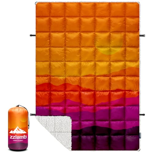 zzlamb Outdoor Camping Blanket with Sherpa Lining,Puffy Thick Camp Quilt for Sleeping,Packable Warm Wearable Fleece Blankets for Cold Weather,Traveling,Backpacking,Picnics,Beach,Stadium 52x75in - color: Fiery Ridge Fade