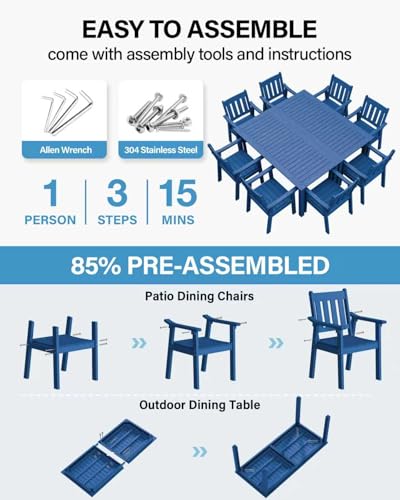 YEFU HIPS Patio Table Set: 10 Piece Outdoor Table and Chairs Dining Furniture Set with Umbrella Hole - Blue Modern Plastic Dining Sets 8 Person for Outside Deck with Metal Aluminum Frame - color: Blue, size: 10 Piece