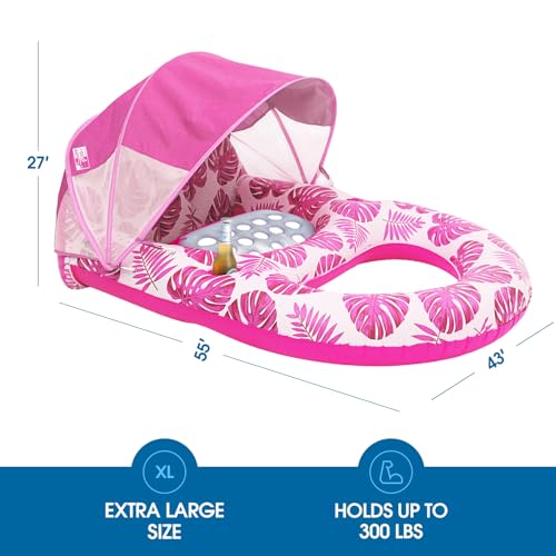 COOLCOOLDEE Pool Lounge Float with Canopy UPF50+,Extra Large Pool Floats for Adults Heavy Duty,Inflatable Lounger Float with Cup Holder & Backrest,Footrest - color: Pink