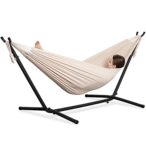 PNAEUT Double Hammocks with Stand for Outside, Portable Space Saving Heavy-Duty Steel Stand for Indoor Outdoor Patio with Carrying Bag, 450 lbs Capacity (Beige) - color: Beige