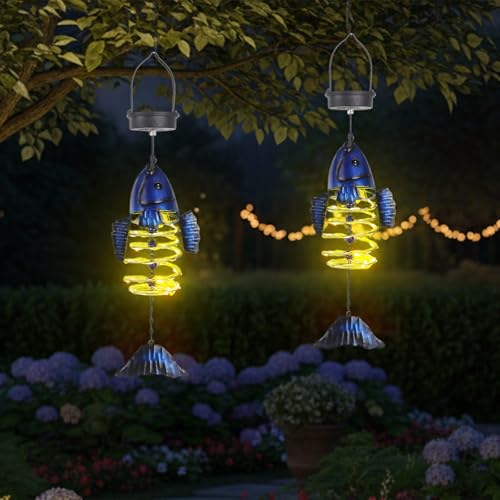 2 Pack Fish Solar Lights Outdoor Hanging Lantern with Handle, Solar Powered Fish Garden Decor for Outside Patio Yard Porch Pathway Fish Gifts for Women (Warm White LED Lights) - color: Blue-Fish