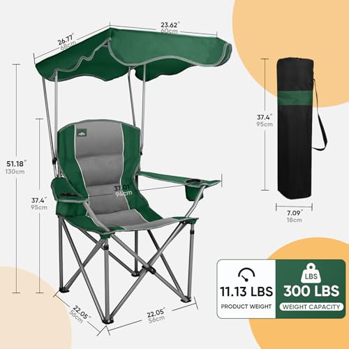 Northroad Folding Camping Chairs with Canopy Shade, Beach Chair w/Cup Holders, Armrests & Carry Bag for Outdoors Travel Sports Fishing, Green - color: Green