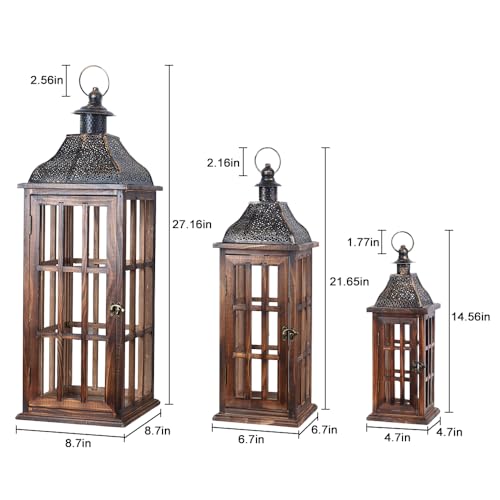 Large Farmhouse Wooden Metal Lantern Set of 3, 27''/22''/15'' H Rustic Decorative Indoor & Outdoor Hanging Candle Lanterns, Wooden Outdoor Lanterns for Patio Front Porch Table, Brown - color: Rustic Brown, size: 3 Pcs-27''/22''/15'' H