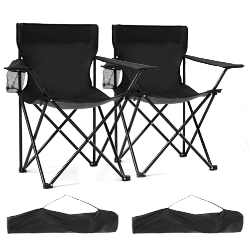 2 Pack Lightweight Folding Camping Chairs, Outdoor Lawn Beach Chair with Cup Holder & Carry Bag for Travel, Fishing, Picnic, Backyard, Hiking - color: Black