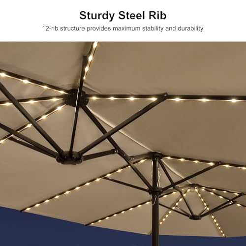 PURPLE LEAF 13ft Patio Market Umbrella with Solar LED and Base Double-Sided Rectangle Outdoor Table Sun Umbrellas with Crank for Pool Beach Deck Backyard Khaki - color: Beige, size: 13' X 7' with Lights