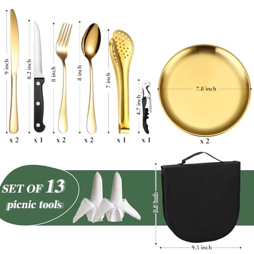 Camping Silverware Kit Cutlery Organizer Utensil Picnic Set Stainless Steel Plate Spoon Clip and Serrated Knife Wine Opener Fork Napkin Hiking - Camp Kitchen BBQ’s - color: Camping Silverware Set-13set-Gold