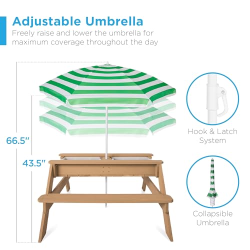 Best Choice Products Kids 3-in-1 Sand & Water Table, Wood Outdoor Convertible Picnic Table w/Umbrella, 2 Trays, Removable Top - Green - color: Green