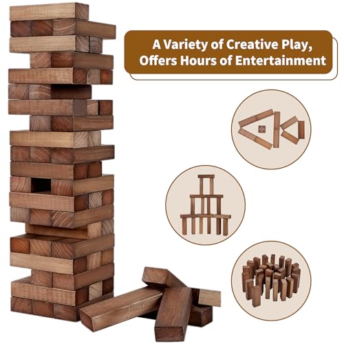 ApudArmis 54 PCS Tumble Timber Set Up to 3.2FT, Pine Wooden Tumble Tower Game with Dice and Scoreboard Set - Classic Block Stacking Board Game for Adults Teenagers (Brown) - color: Brown, size: M-Stack to 3.2 FT