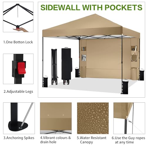 Tunbne 10'x10' Pop Up Canopy Tent with 1 Sidewall and 6 Pockets, One Push Setup, Instant Shade Tent with Vented Roof for Beach Patio Outdoor, Case, 8 Stakes, 4 Ropes, 4 Sandbags (Khaki, 10x10) - color: Khaki, size: 10x10