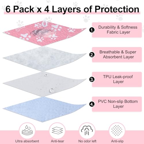 BEAUTYZOO 6 Pack Washable Pee Pads for Dogs, Reusable Puppy Pads for Potty Training, Waterproof Super Absorbent Whelping Pads Mats Non Slip Against Urine for Small Medium Dogs Cats, 16" x 24" - color: Pink, size: 16 X 24 Inch (Pack of 6)