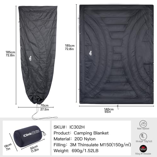 iClimb 3M Thinsulate Insulation Warm Camping Blanket Ultralight Compact - color: Dark Grey, size: 72.8” × 55”, 1.52 lb