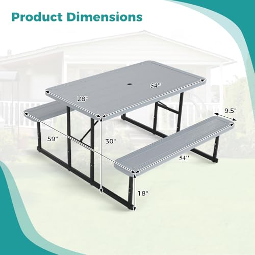 Giantex Picnic Table Bench Set for 4 People, 4.5FT Outdoor Rectangular Dining Table & 2 Benches w/Umbrella Hole, HDPE Tabletop, Metal Frame, Patio Garden Backyard Poolside (4.5FT,Non-Foldable,Gray) - color: Grey, size: Rectangle-54"x28"x30"