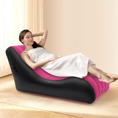 Lounger Inflatable Sofa Bed, Folding Sofa Bed with Flocking Fabric Comfortable S-Shape Air Mattress with Air Pump Blow Up Couch for Living Room Patio Outdoor Camping 35.4x55.1x27.5in (Rose-red) - color: Rose-red