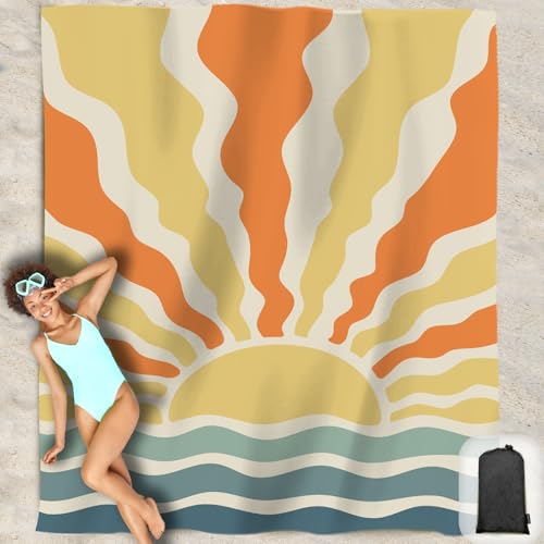 Beach Blanket Waterproof Sandproof Oversized 95”x 80”,Sand Free Beach Mat with Corner Pockets,Portable Mesh Bag for Beach Festival,Picnic,Travel and Outdoor Camping (Sunriseatsea) - color: Sunriseatsea