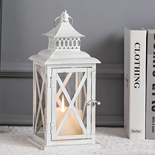 Lantern Decorative Indoor & Outdoor, Large Square Hanging Spring Home Decor, Vintage Metal Decorative Candle Lanterns for Outdoor Patio Wedding Party White with Black Brush - color: White / 14.8'' / 1 Pc