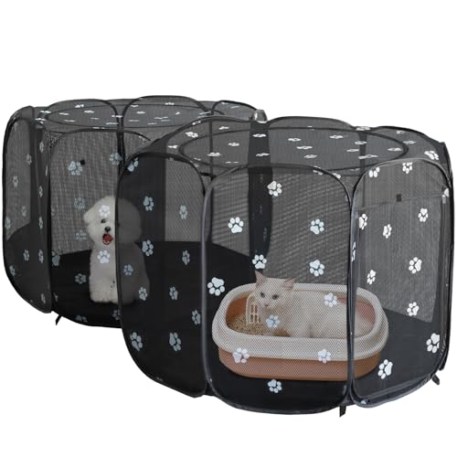 2-in-1 Cat Playpen, Pop Up Dog Pet Playpen for Indoor Outdoor Cats Enclosed, Portable Pet Playpen, Kitten Puppy Foldable Play Pen Cat Dog Tent Crate Cage Kennel(No Divider, Unified Space) - color: Black, size: M, 71"l X 34" X 24.1"h
