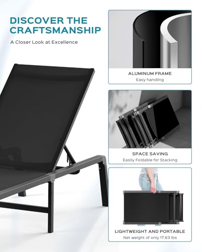 Ciokea Aluminum Foldable Lounge Chairs Set of 2 with 1 Outdoor Aluminum Side Table ，Perfect Match ，Suitable for Courtyard, Balcony, Lawn and Other Scenes，Black - color: Black, size: 2 Chairs + 1 Side Table (3pcs)