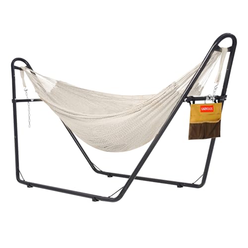 Lazy Daze Hammocks Handwoven Mayan Hammock with Heavy Duty Steel Stand, 10.5 FT Soft Rope Double Hammock for Patio Outside, 550 lbs Weight Capacity, Natural - color: Natural
