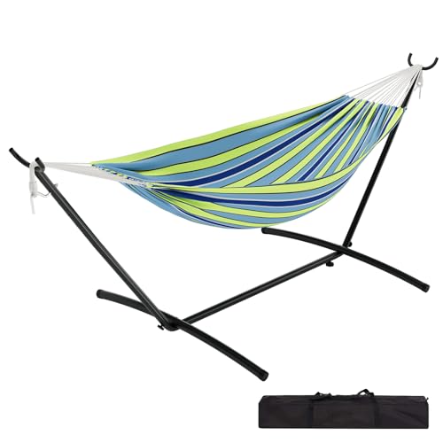 TrailBlaze Double Hammock with Stand, Heavy Duty Portable Steel Hammock Set for Outdoor and Indoor Use, 500lb Capacity, Includes Carrying Bag, Space Saving Design,Quick Assembly - color: Blue-green Stripes