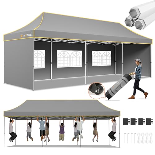 Hoteel 10x30 Pop Up Canopy Tent Heavy Duty with 5 Sidewalls, Waterproof Party Tent, Easy Set-up Commercial Instant Tents with Roller Bag & Sandbags, Hexagonal Leg (1-Year Warranty) - color: Gray, size: 10×30 （5 Walls）