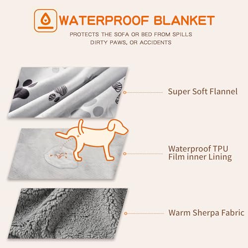 Waterproof Dog Blankets Pet Blanket 50"x60", Soft Fluffy Sofa Car Bed Protector, Reversible Sherpa Fleece Dog Blanket for Large Dogs (Light Grey-Paws) - color: Light Grey-paws, size: 50"x60"