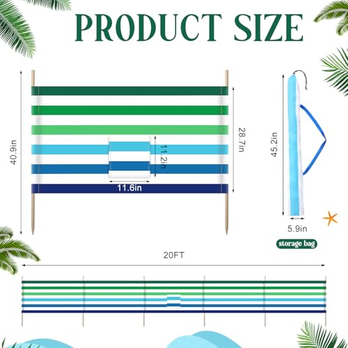Cinnvoice 20ft Stripe Beach Windscreen Set Long Privacy Screen with 6 Hardwood Poles Rubber Mallet and Carry Bag Portable Beach Fence Wind Blocker for Summer Outdoor Sand Wind Protection - style: Stripe