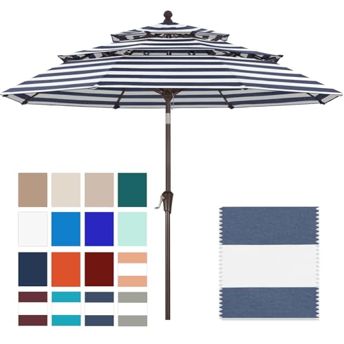 ABCCANOPY 5-Year 10-Year No Fading 9FT 3 Tiers Patio Umbrella, Outdoor Table Umbrella with 8 Sturdy Ribs for Deck, Backyard, Garden, Yard - color: Navy Stripe, size: 9FT, style: 5 Year Non Fading