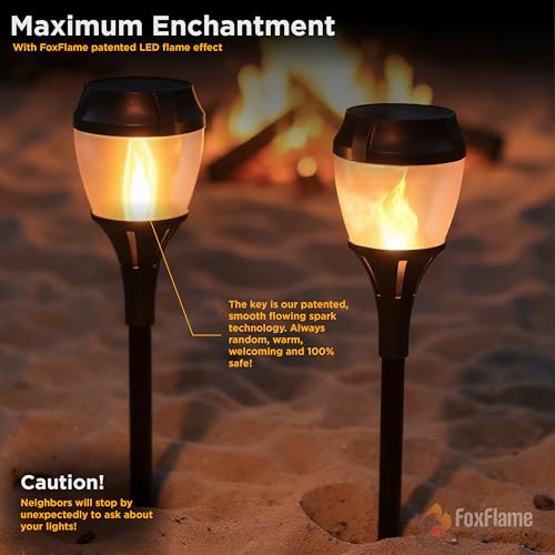 FoxFlame Solar Path Lights Outdoor Waterproof-Realistic Flickering LED Flame,IP65 Pathway Lights Solar Powered Warm Light for Garden and Walkways,Ground Stake Included for Easy Setup(2 Pack) - style: Elegant Path Torch