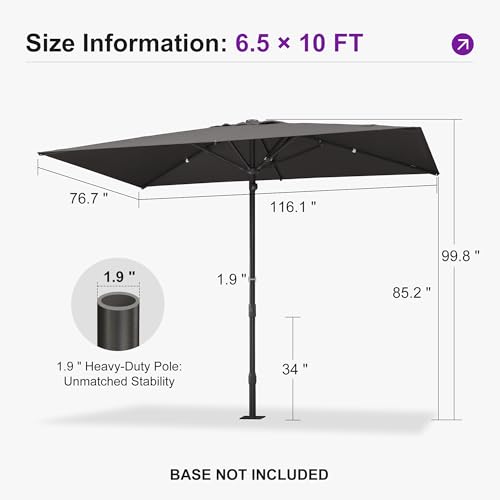 PURPLE LEAF 10' x 6.5' Rectangular Semi-Auto Outdoor Patio Umbrella Aluminium Market Umbrella Table Sun Umbrella with 1.89" Rod and 6 Sturdy Ribs for Deck Lawn Pool Garden, Gray - color: Gray, size: 6.5' x 10'