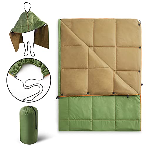 UNIKOME Waterproof Puffy Camping Blanket - Lightweight Packable Outdoor Quilt with Snaps & Corner Loops, Warm Compact Blanket for Cold Weather Hiking Picnic Stadium Travel, 75"×52", Army Green&Brown - color: 02 Army Green&brown