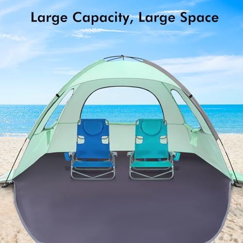 WhiteFang Beach Tent Anti-UV Portable Sun Shade Shelter for 3/4/6/8 Person, Extendable Floor with 3 Ventilating Mesh Windows Plus Carrying Bag, Stakes and Guy Lines - color: Mint Green, size: 6 Person