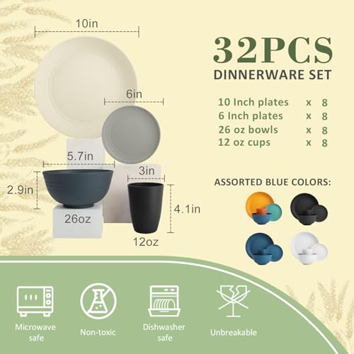 Wrova 32-Piece Wheat Straw Dinnerware Sets for 8, Dishwasher Safe Unbreakable Kitchen Bowls and Plates Sets with Cups, Alternative to Plastic Dish Sets for Camping, Dorm, R.V. Black & Grey - color: Black to Grey, size: 32 Pack