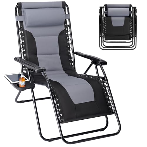 Sweetcrispy Zero Gravity Chairs, Foldable Patio Reclining Chairs with Adjustable Pillow & Cup Holder, Oversized Portable Support 400 lbs, for Backyard Camping(Black-Gray) - color: Padded Black-gray