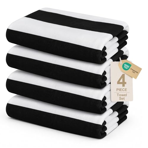 Touchat 4 Pack Beach Towels Oversized 30'' x 60'' Microfiber Pool Swim Bath Camping Travel Cabana Stripe Quick-Dry Super Absorbent Lightweight Sand Free Towel for Adults, Multi-Functional，Black - color: Black