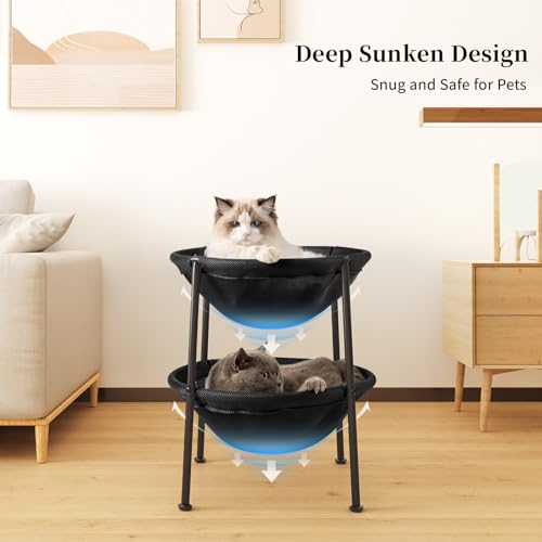JUNSPOW Double Cat Bed Black, Breathable Pet Bed for 2 Cats with 4 Adjustable Feet & Anti-Slip Mats, Easy Assembly Cat Hammock for Multi-cat Household, Indoors & Outdoors, 22.8 in x18.7 in x 18.7 in - color: Black, size: 18.7"L x 18.7"W x 22.8"Th (Mesh)