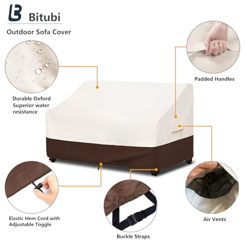 Bitubi Waterproof Patio Sofa Cover, Heavy Duty 2-Seater Outdoor Couch Cover Size Up to 58W x 32.5D x 31H Inches, Lawn Patio Furniture Covers with Air Vent (Brown) - color: Sofa-brown, size: 58"W x 32.5"D x 31"H
