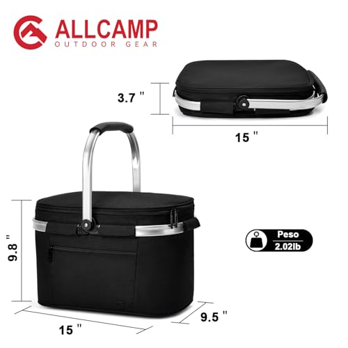 ALLCAMP Picnic Basket - Insulated Cooler, Thickening Foldable Picnic Basket with Removable Baskets & Sewn-in Frame, Basket for House Warming Gifts New Home(Jet Black) - color: Jet Black, size: Medium