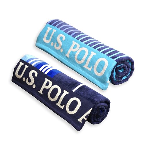 U.S. Polo Assn. 2-Pack Luxury Plush Cotton Oversized (40" x 70") Beach Towels, Striped Nautical Design, Hotel Quality for Bath & Pool- Blue/Teal - color: Blue/Teal, size: 40" x 70"