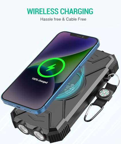 BLAVOR Solar Power Bank 10,000mAh, Portable Wireless Charger, 20W Fast Charging External Battery Pack with USB C for Cell Phones, Solar Panel Charging with Dual Flashlight for Camping - color: Black