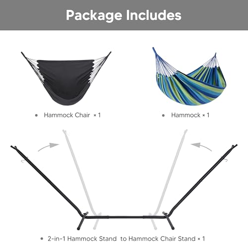 SUNCREAT 2-in-1 Hammocks Hammock Chair with Stand, 475 lbs Capacity, Heavy Duty Two Person Hammock with Stand, Patented, Blue Stripe - color: A-blue Stripe