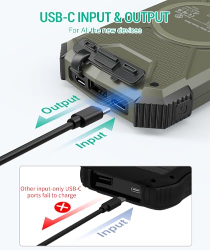 BLAVOR Solar Power Bank 10,000mAh, Portable Wireless Charger, 20W Fast Charging External Battery Pack with USB C for Cell Phones, Solar Panel Charging with Dual Flashlight for Camping - color: Olive Green