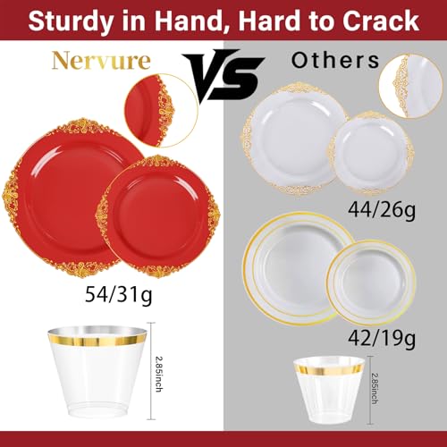 Nervure 350PCS Red Plastic Plates - Red Gold Plastic Dinnerware Sets for 50 Guests - 100 Gold Disposable Plates, 50 Pre Rolled Silverware Sets, 50 Cups Perfect for Wedding & Party & Mothers Day - color: Red and Gold